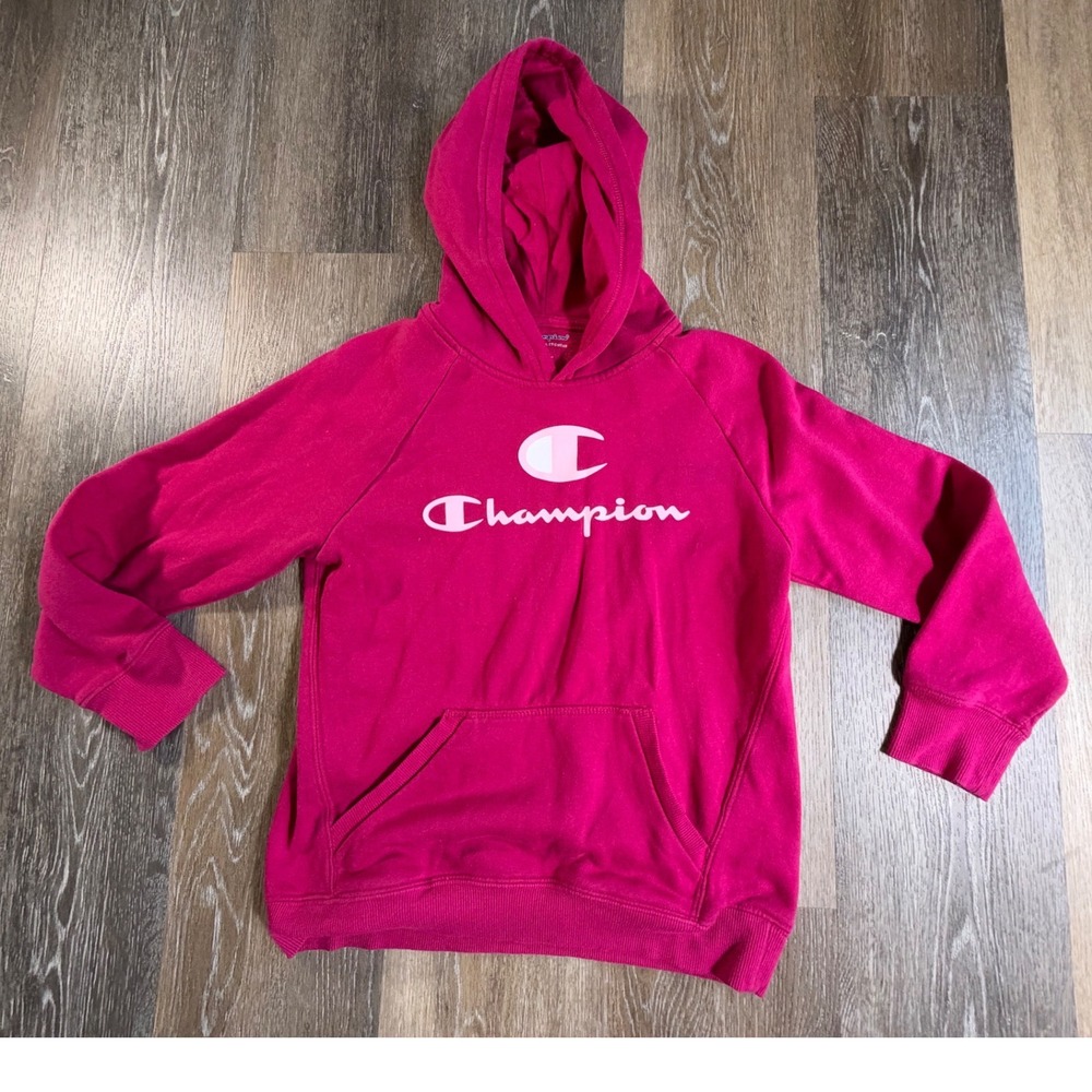 Champion Hoodie Kids Large Pink Pullover Logo Graphic Sweatshirt Pocket